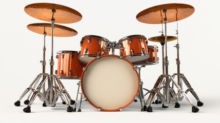 Vibrant orange drum set arranged for a performance in a studio setting with natural lighting
