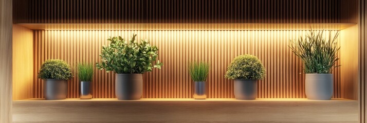 Illuminated Shelf Displaying Potted Plants Against Wooden Paneling