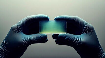 Gloved Hands Holding a Microscope Slide with a Sample
