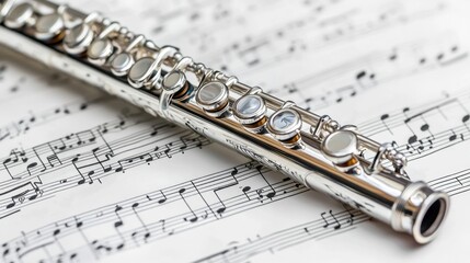 Flute resting on sheet music, showcasing intricate design and vibrant tones of classical melodies