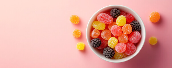 A colorful bowl of gummy candies, featuring vibrant fruit-shaped gummies, surrounded by scattered sweets on a soft pink background.