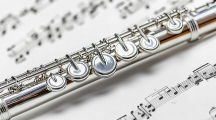 Flute resting on sheet music showcasing intricate notes and rhythms in a tranquil musical setting