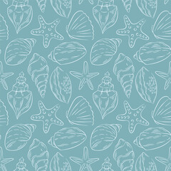 Seashell seamless pattern in line art style on turquoise background. Hand drawn undersea shell repeat texture for summer design.