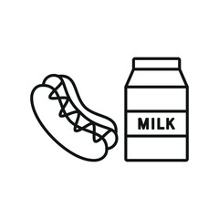 Milk and hot dog set food icon in flat style, featuring a glass of fresh milk and a classic hot dog in a bun with mustard topping.