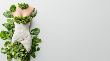 Dress created from fresh green leaves and plants, aligning with the sustainable apparel concept. Stock