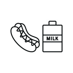 Milk and hot dog set food icon in flat style, featuring a glass of fresh milk and a classic hot dog in a bun with mustard topping.