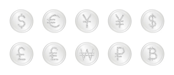 Silver coins with different currency symbols isolated on a white background. World currency signs with glitter effect. Concept of economics, finance, investment. Vector set for money and earning theme