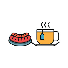 Tea and hot dog set icon represents a unique blend of warm beverages and street food, perfect for café branding, snack bar menus, food truck promotions, and casual dining visuals.
