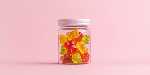 A clear glass jar filled with colorful gummy bears sits against a soft pink background, creating a playful and inviting visual.