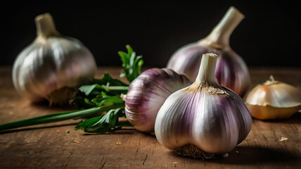 "Artistic Close-Up of Fresh Garlic Bulbs on Rustic Wooden Surface &ndash; Editorial AI Illustration for Culinary and Organic Food Concepts"
