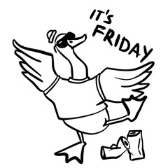 Friday after work fun goose dancing neat beer cans. character bird happy and free. monochrome simple illustration isolated on white background 
