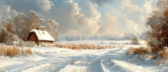digital art style beautiful scenery, a cottage house on snow covered ground in winter snow fall season