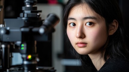 Young woman observing through a scientific microscope in a research laboratory setting