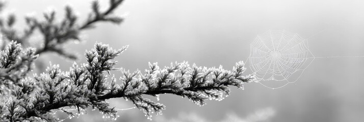 Black And White Spider Web Glistening With Morning Dew In Nature, Minimalist Nature Scene
