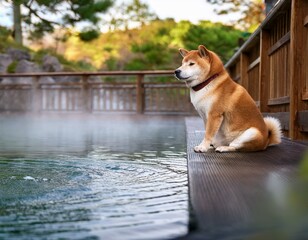 温泉旅館の露天風呂と柴犬 | 日本の癒し