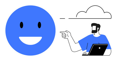 Large blue happy face next to a man with a beard pointing while using a laptop, suggesting communication or interaction with technology. Ideal for themes of technology, communication, user feedback