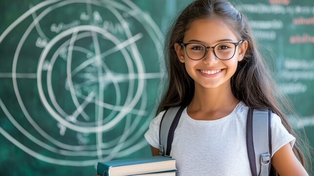 Young hispanic girl student with books and chalkboard with geometric drawings in classroom - Powered by Adobe