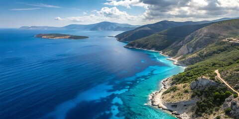 Fototapeta premium Aerial view with ultra-wide drone from top to bottom in the deep blue Aegean Sea, Greece