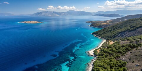 Fototapeta premium Aerial view with ultra-wide drone from top to bottom in the deep blue Aegean Sea, Greece