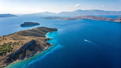 Fototapeta premium Aerial view with ultra-wide drone from top to bottom in the deep blue Aegean Sea, Greece