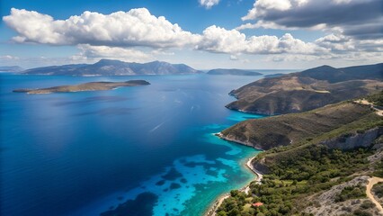 Aerial view with ultra-wide drone from top to bottom in the deep blue Aegean Sea, Greece