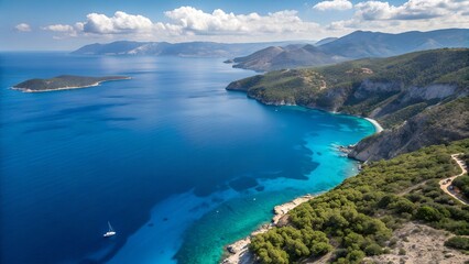 Obraz premium Aerial view with ultra-wide drone from top to bottom in the deep blue Aegean Sea, Greece