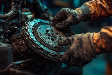 A detailed image of a mechanic fitting a fresh clutch kit in a car at an auto repair shop, captured in high quality.