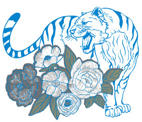 Estampa de felino de color azul con flores blanco con gris © dan