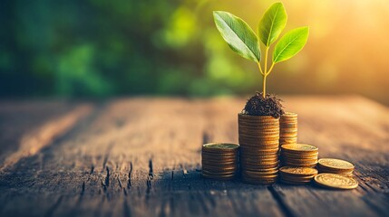 a sprouting plant rooted in a stack of coins, visualizing the concept of long-term investment success, set against a minimalist backdrop.