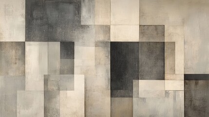 Fototapeta premium Abstract painting features neutral toned rectangles and squares overlapping