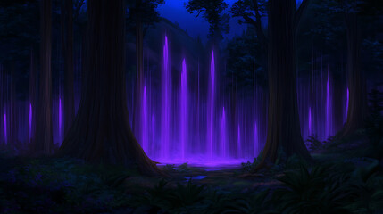 Enchanted Forest with Violet Beams Under Moonlight Dark Atmosphere Scenic Natural World