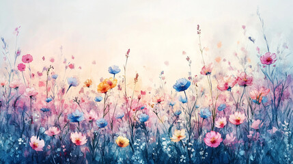 Kolorowe kwiaty na łące, akwarelowe tło generative ai 