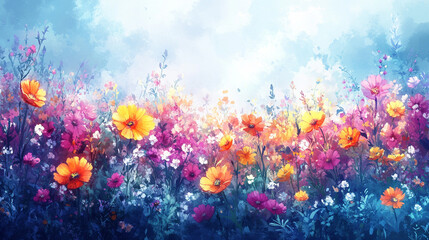 Kolorowe kwiaty na łące, akwarelowe tło generative ai 