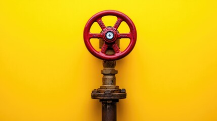 Obraz premium Brass gas control valve with a red emergency handle, centered over a softly illuminated yellow gradient