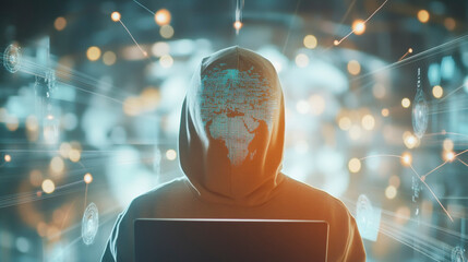 Mysterious hacker with laptop, digital world map overlay, symbolizes cybersecurity threats and data protection in modern technology.