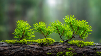 Fototapeta premium Lush green pine needles and vibrant moss on a tree branch in a serene forest setting, showcasing natural beauty.