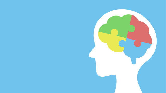 A human head silhouette with a brain composed of colorful puzzle pieces, representing cognitive processes and mental health