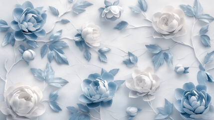 3D Peonies in stucco are adorned with blue leaves and buds on a white background