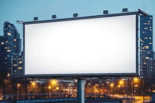 Blank white horizontal billboard on skyline background at evening, perspective view. Mock up, advertising concept
