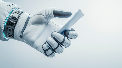 Futuristic robotic glove holding paper, showcasing advanced technology and innovation in electronics, robotics, and artificial intelligence design. Optimize now!