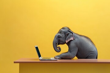 elephant works at a laptop, work desk. on a plain bright colored background. in a business suit....