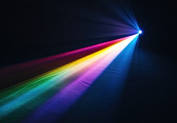 A black background with prismatic light beams coming from the right side of the frame, displaying a rainbow of colors in a low-angle shot