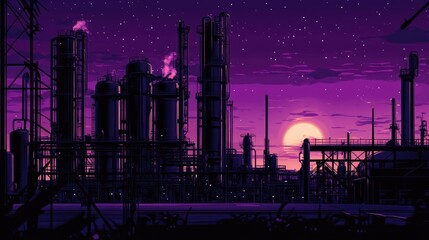 Chemical processing plant silhouette with heavy machinery and piping stretching beneath a violet night sky