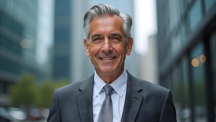 Fototapeta premium Portrait of a confident and successful businessman in a suit smiling in an office setting