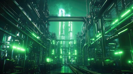 Fototapeta premium Dark factory pipelines with valves and connectors forming abstract patterns over a vibrant green glow