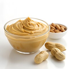 A bowl of creamy peanut butter with peanuts around it. This image showcases the delicious and nutritious nature of peanut butter, a popular ingredient in many dishes and snacks.