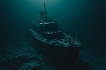 Obraz premium Underwater wreckage of a ferry in a very dark sea. Shipwreck