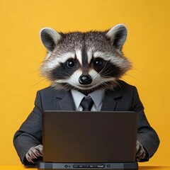Fototapeta premium raccoon works at a laptop, work desk. on a plain bright colored background. in a business suit. place for text. photo.