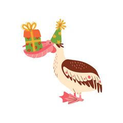 Animal pelican  carries birthday present