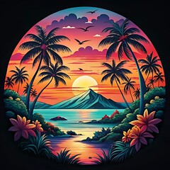 Fototapeta premium Tropical Sunset Landscape with Palm Trees and Mountains. t-shirt design 
